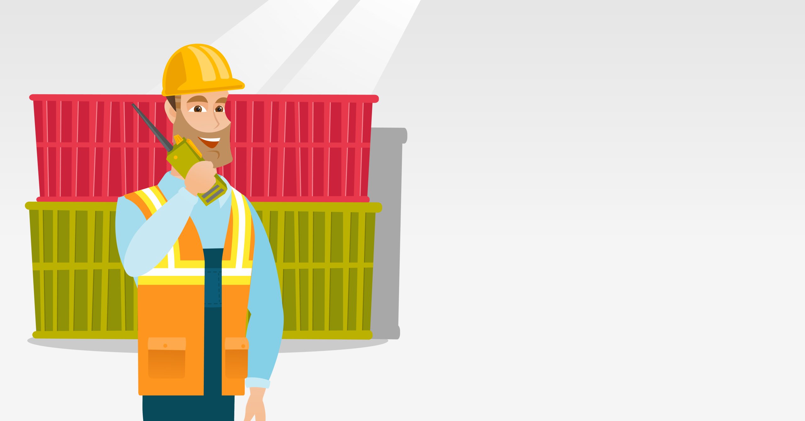 Port worker talking on wireless radio. Caucasian port worker in hard hat talking on wireless radio. Port worker standing on cargo containers background. Port worker using wireless radio. Vector flat design illustration. Horizontal layout.