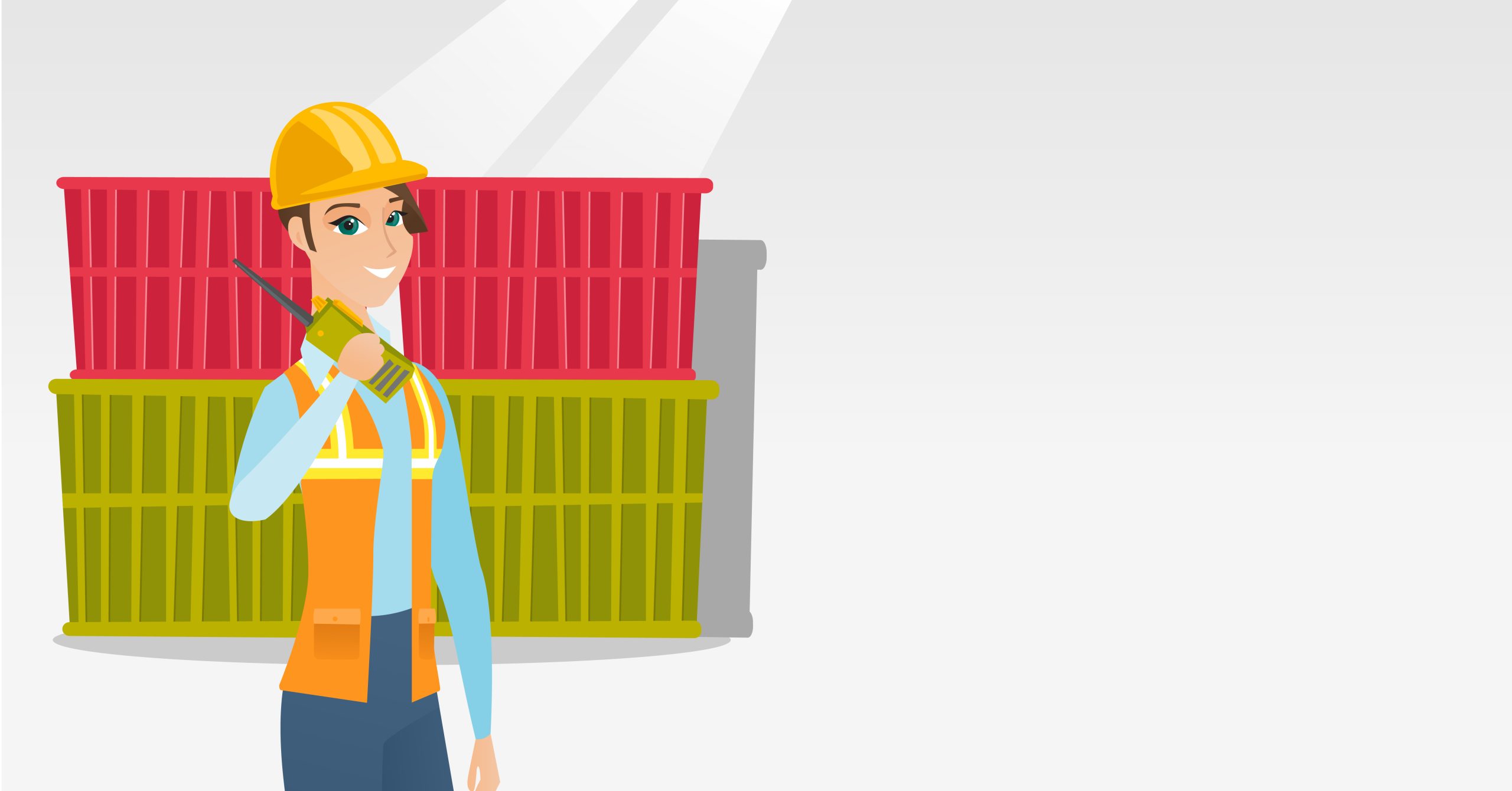 Port worker talking on wireless radio. Caucasian port worker in hard hat talking on wireless radio. Port worker standing on cargo containers background. Port worker using wireless radio. Vector flat design illustration. Horizontal layout.